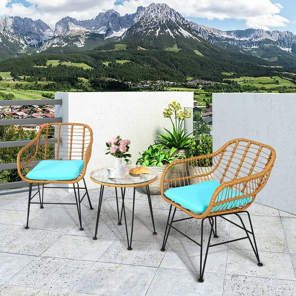 Gymax 3PCS Rattan Patio Bistro Set Conversation Furniture Set w/ Turquoise Cushions