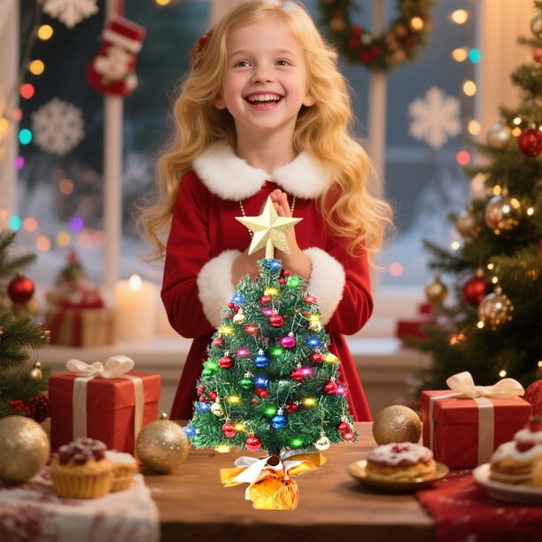 Mini árbol de Navidad de 17.7 pulgadas para escritorio | Árbol de PVC dorado y rojo con adornos, estrella superior, luces LED, fácil montaje, reutilizable, decoración festiva de mesa
