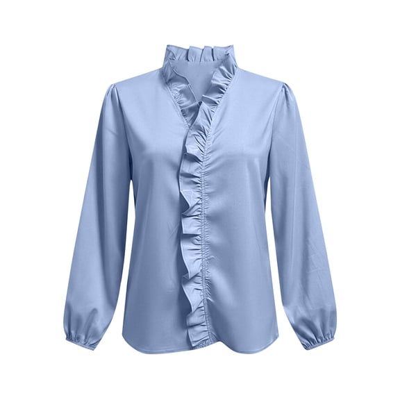 Lmueinov Womens Long Puff Sleeve Shirts Plus Size V Neck Ruffle Loose Pullover Blouses Fall Solid Dressy Lightweight Business Casual Tops S-5XL