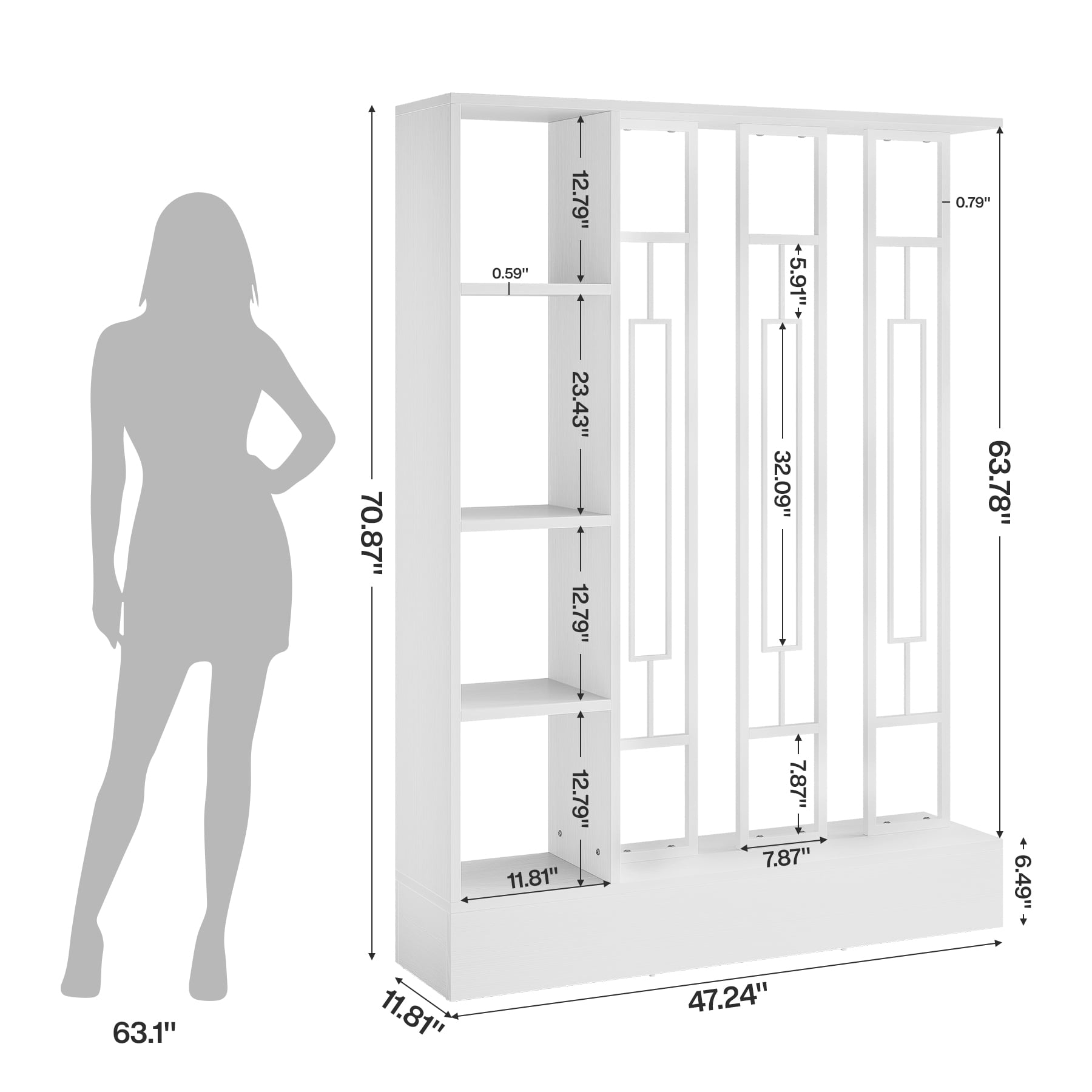 Finmind Wall Room Divider with Display Shelves, 70.9 inch Modern Freestanding Room Divider with Sturdy Base for Home & Office, White