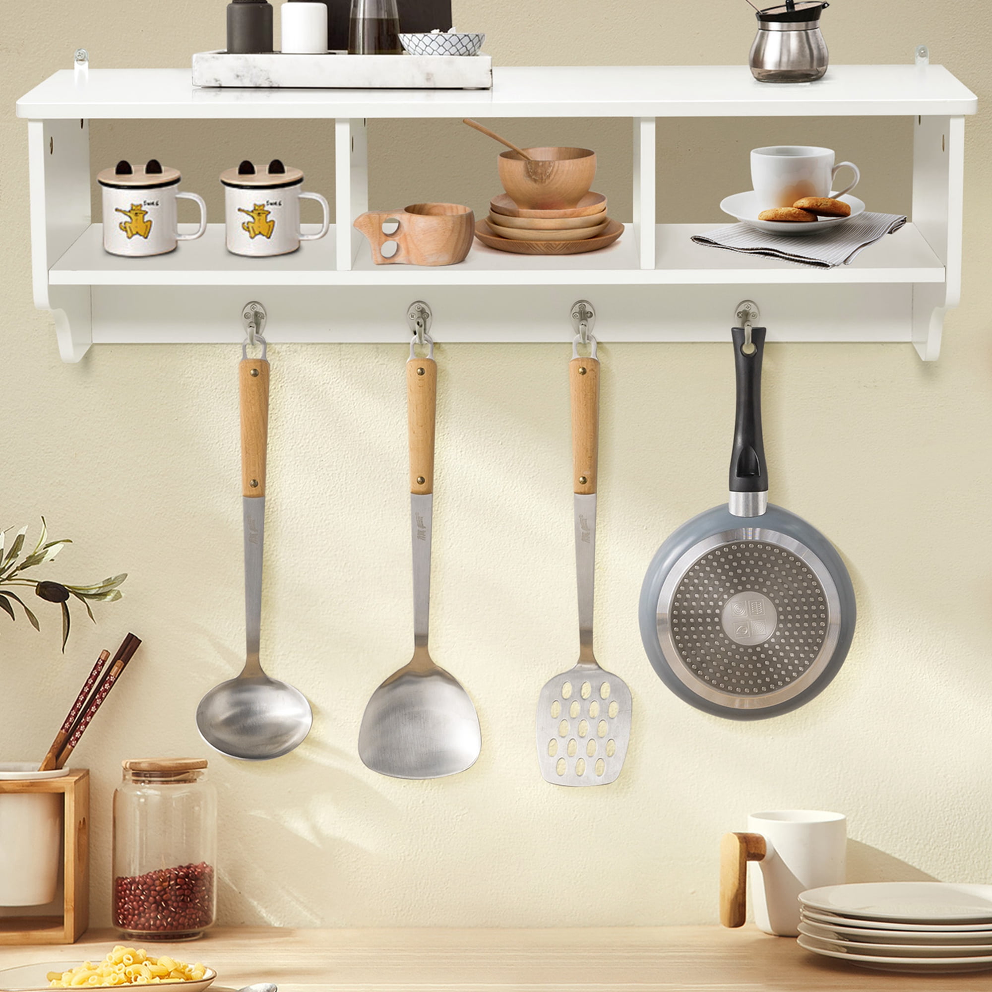 Costway Wooden Wall Mounted Coat Rack Hanging Cubby Organizer Storage Shelf with Hooks White