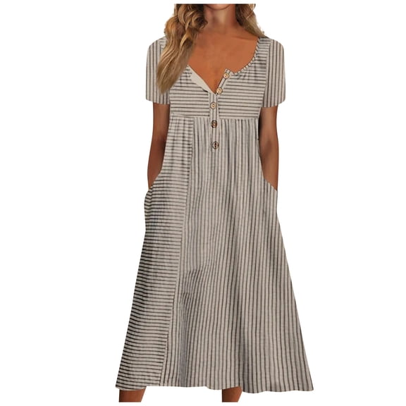 Henpk Summer Dresses for Women Striped T Shirt Dress Casual Midi Dress Short Sleeve Sundress with Pockets V-Neck Short Sleeved Long Striped Loose Casual And Comfortable Pocket Dress Brown XXL