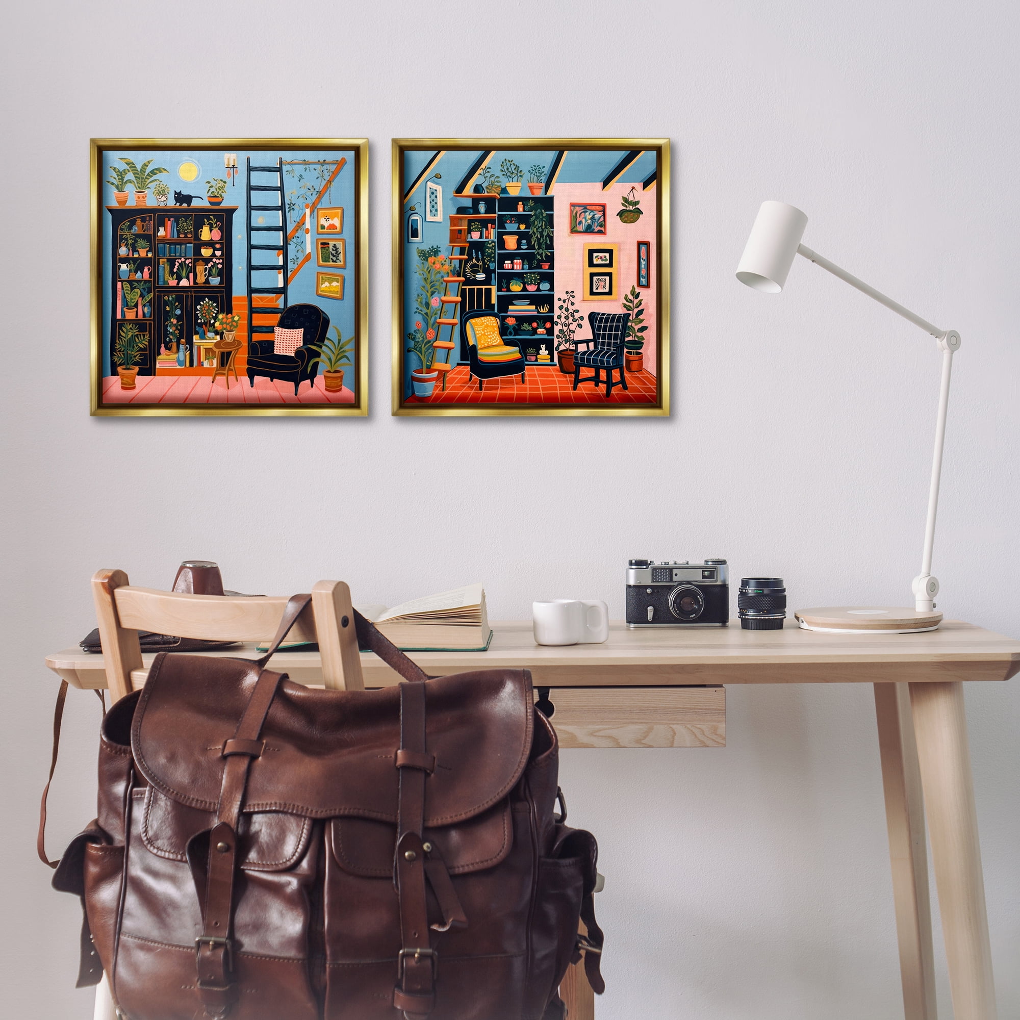 Stupell Industries Cozy Decorated Reading Nook Furniture Painting Gold Floater Framed Canvas Art Print Wall Art, 18 x 18, Set of 2