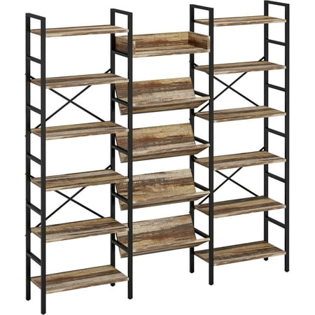 MUERE Industrial Bookshelves 6 Tiers Triple Wide Bookshelf, Large Etagere Bookshelf Open Record Player Shelves with Metal Frame for Living Room Home Office
