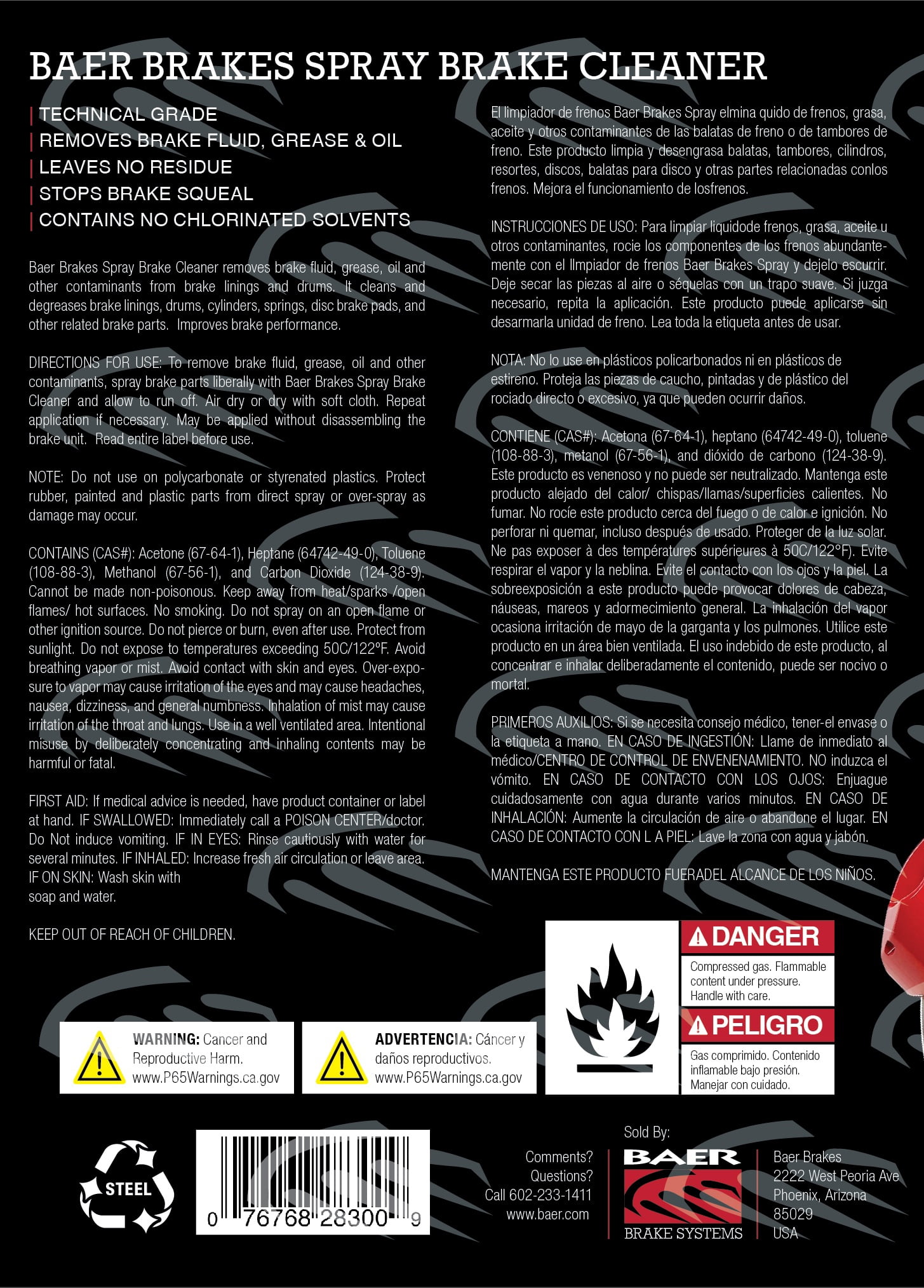 Baer Spray 6110028 Brake Cleaner Non-Chlorinated, Technical Grade, 13oz Can