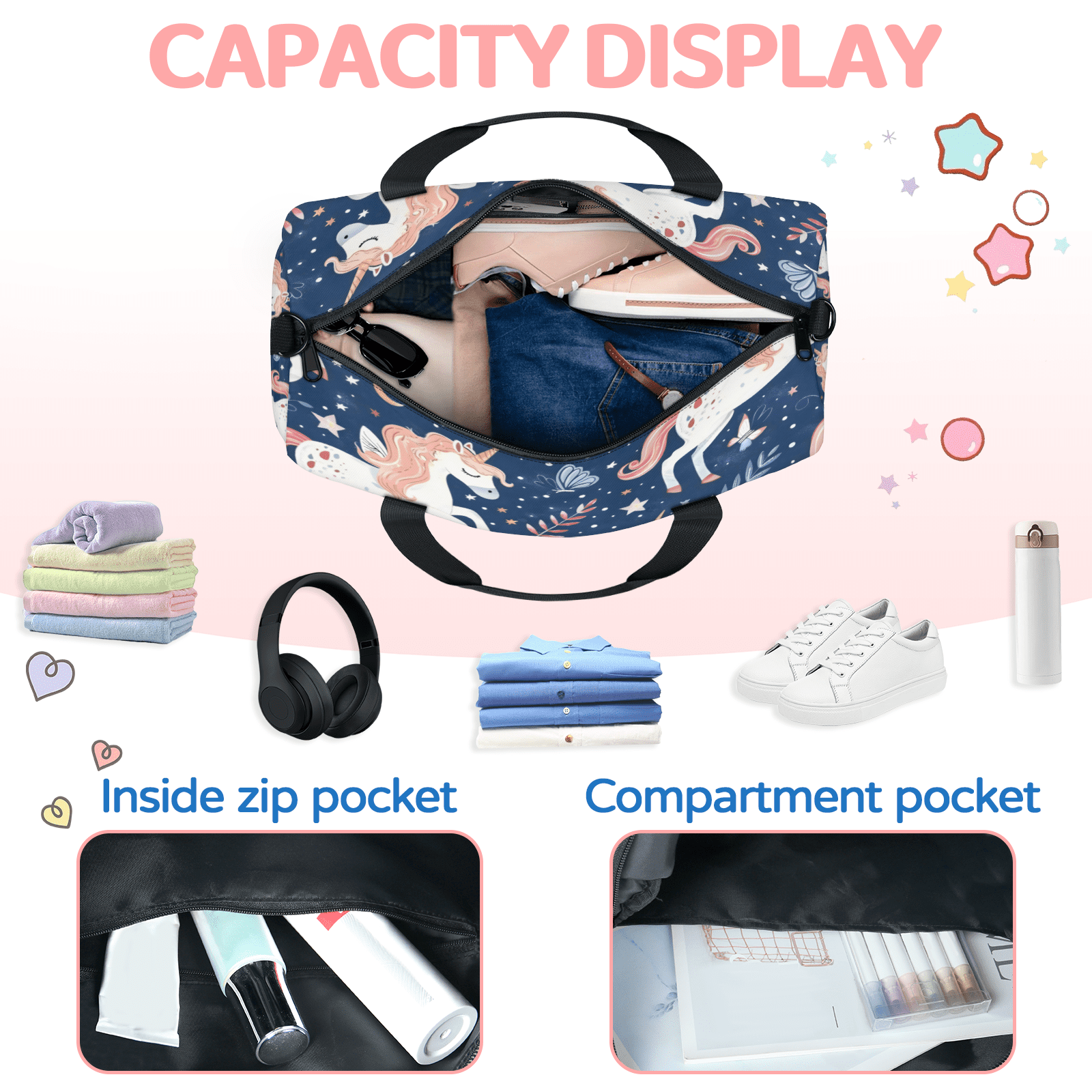 Herdesigns Unicorn Cute Funny Gym Bag for Women, Duffle Bag for Travel Sport, Lightweight Waterproof Carry on Weekender Overnight Dance Yoga Workout Bags
