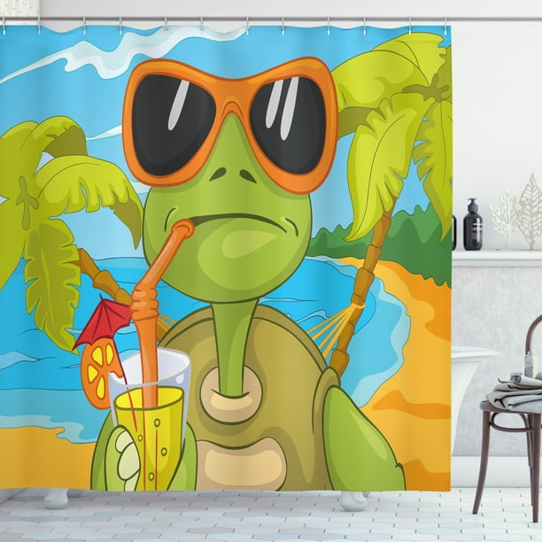 Turtle Shower Curtain, Cool Sea Turtle with Sunglasses Drinking