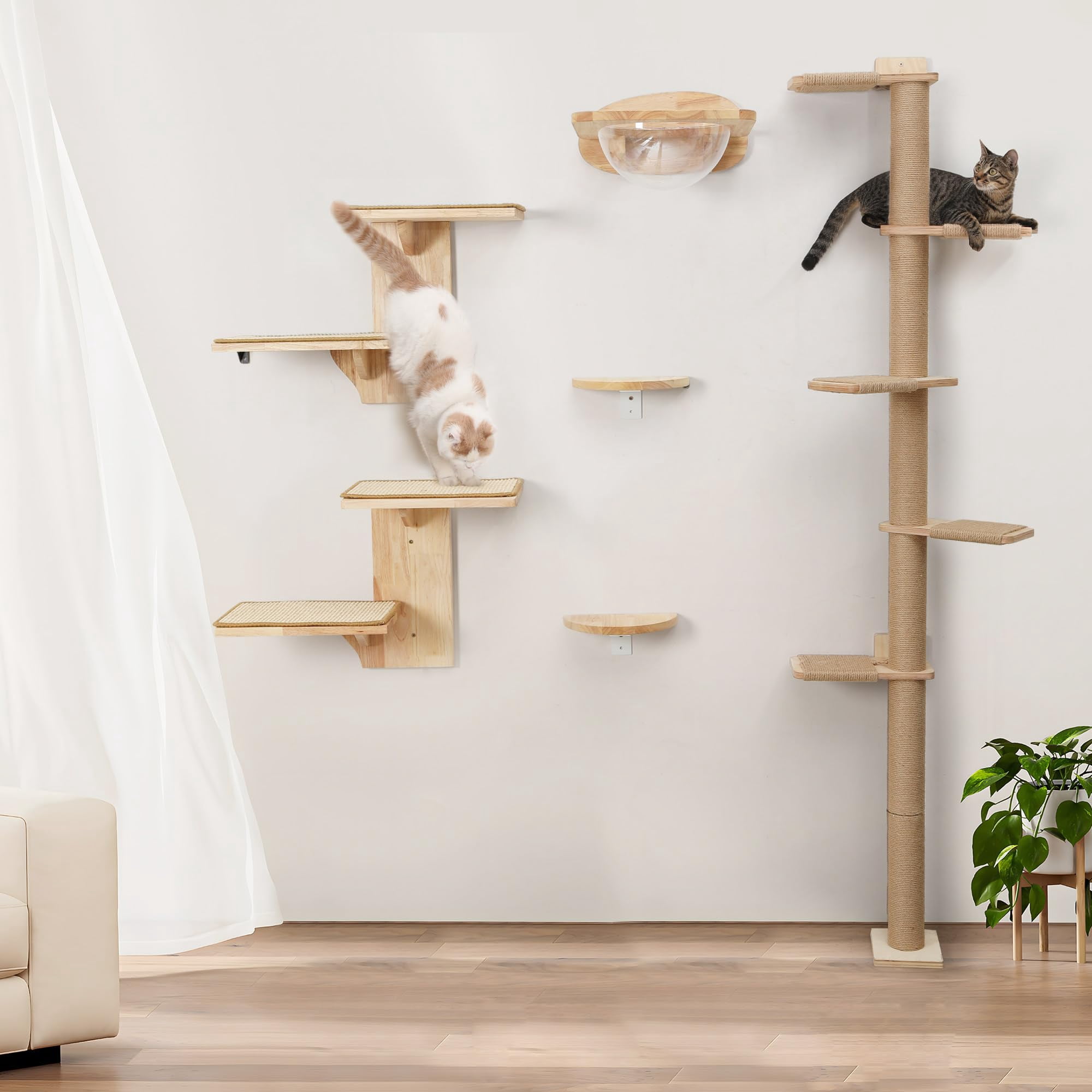 Cat Wall-mounted Floating Shelves With Sisal Mat, Tree Shape Solid Rubber Wood Cat Perch