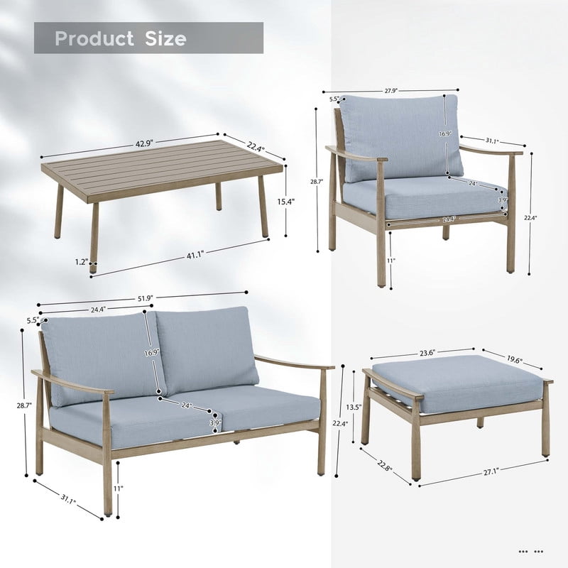 6 Piece Aluminum Patio Furniture Set, Outdoor Armchair with Loveseat, All-Weather Outdoor Sectional Sofa with 2 Ottomans and Coffee Table