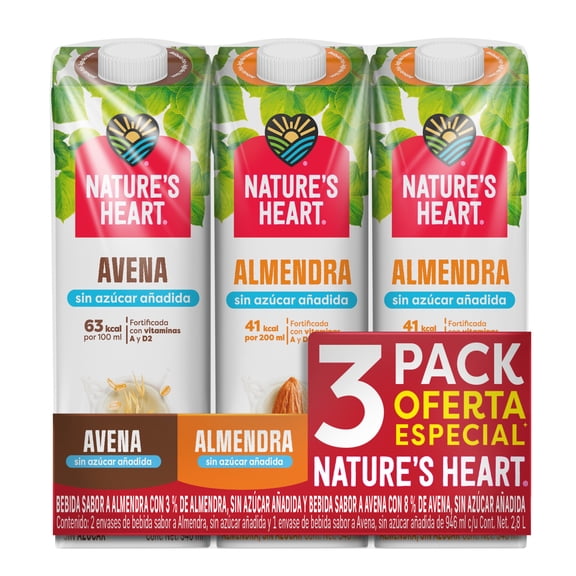 3 Pack de bebida vegetal Nature's Heart almendra y avena sin azúcar 946 ml c/u