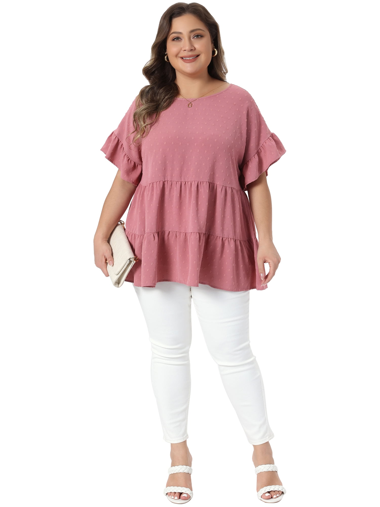 Women's Plus Summer Tops Crew Neck Ruffle Short Sleeve Tiered Swiss Dots Blouses 3X Dark Pink
