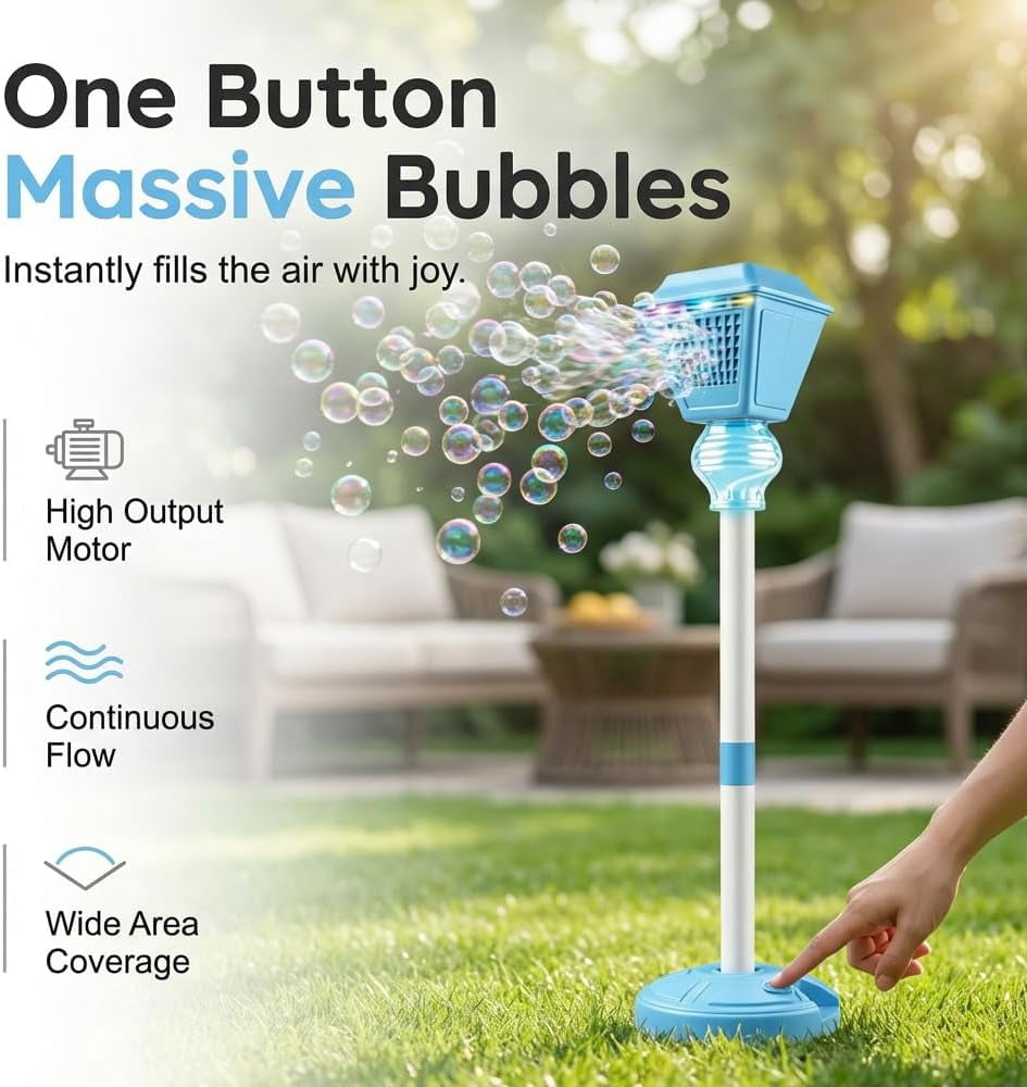 Automatic Bubble Machine with LED Lights – Rechargeable Bubble Maker with Music, Adjustable Height Outdoor Bubble Blower for Parties, Weddings (Blue)
