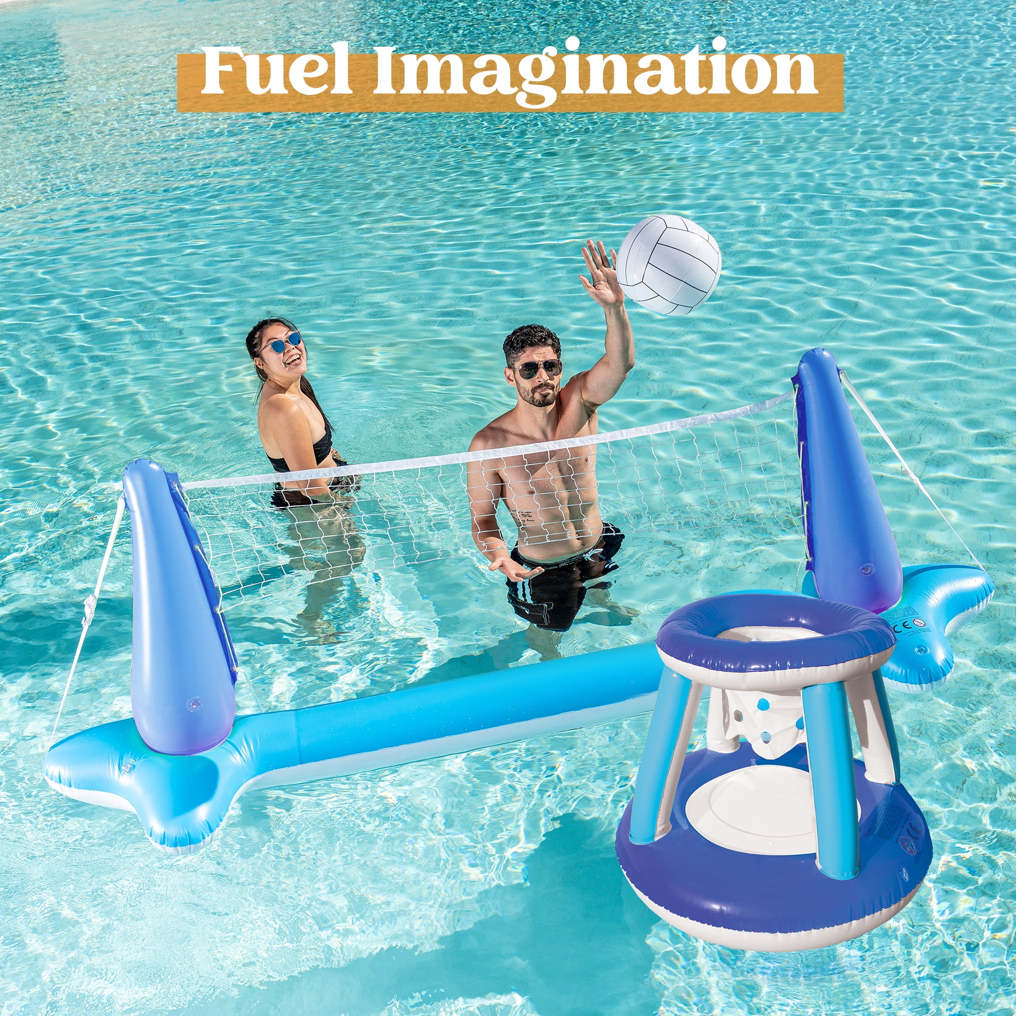 Joyfy Pool Games Set with Pool Volleyball Net & Pool Basketball Hoops, Summer Pool Float for Adults - Dark Blue