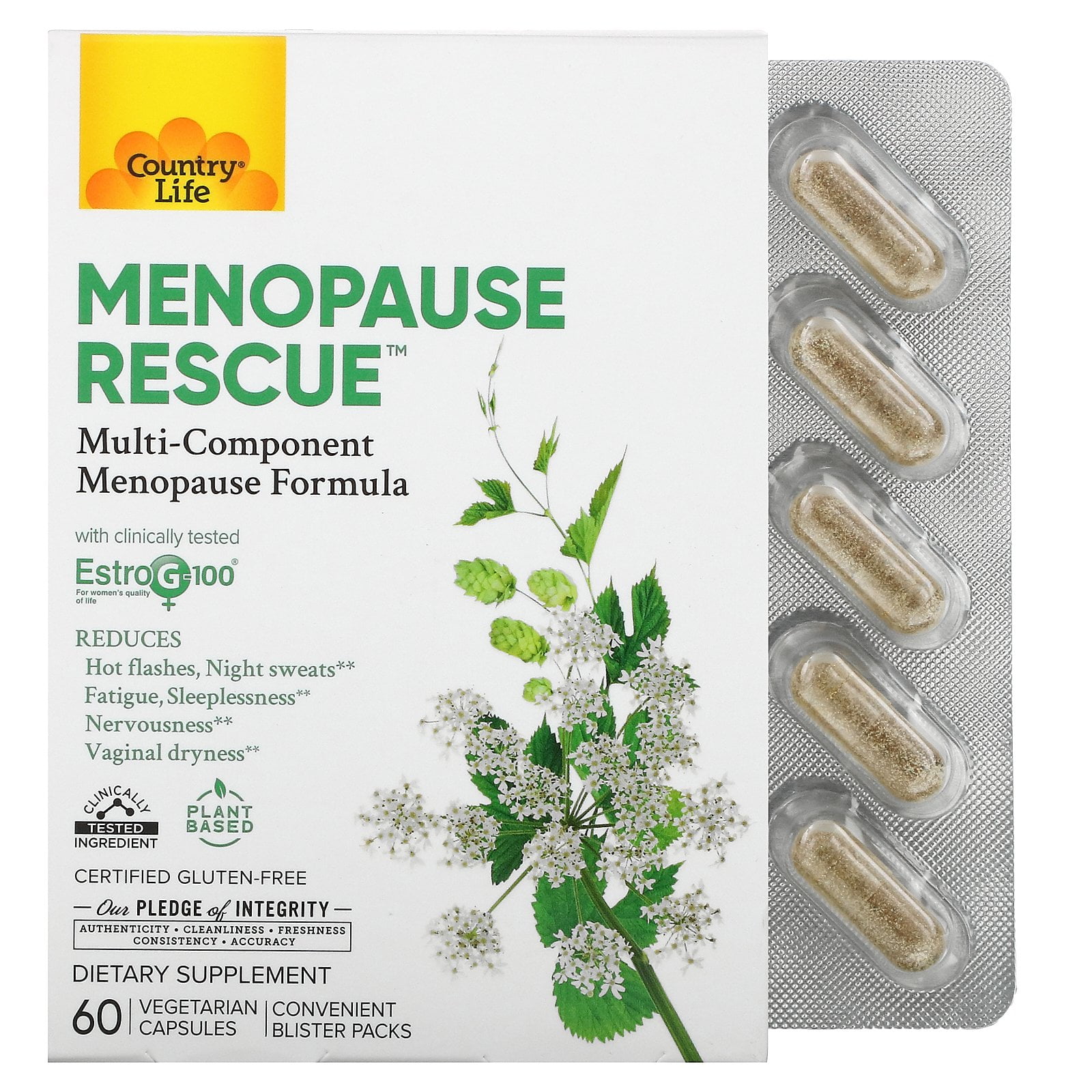 Country Life Menopause Rescue – Multi-Component Menopause Formula – Convenient Blister Packs – Plant Based - Provides Complete Care of Major Menopausal Symptoms– 60 Vegetarian Capsules