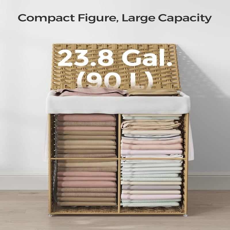 Kelno 90L Laundry Basket with Lid Foldable Rattan Clothes Hamper with Removable Liner Bag, Natural