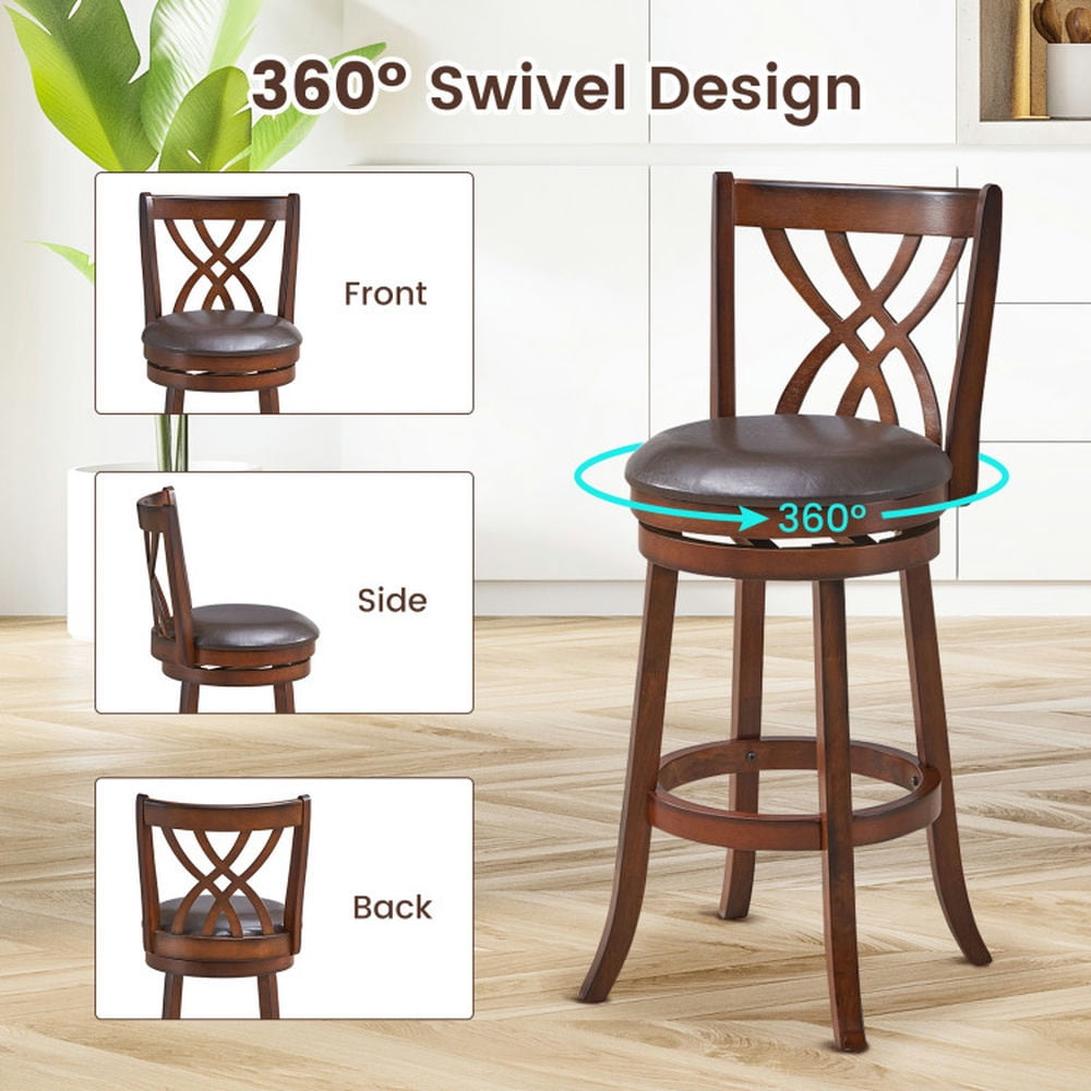Demi Bonn 360° Swivel Counter Height Bar Stools with PU Leather Cushioned Seat and Footrests, 30" Modern Dining Chair with Backrests, Brown