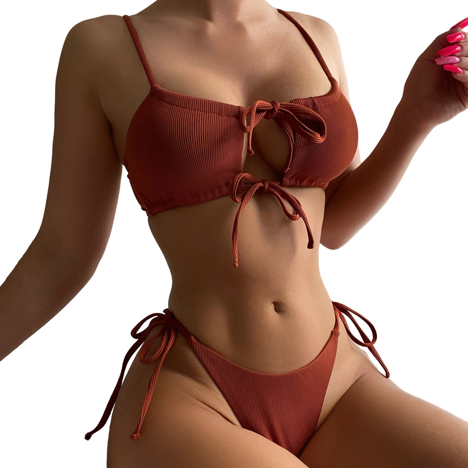 Mairbeon Spaghetti Straps Ring Linked Solid Color Ribbed Bikini Set Micro  Triangle Bra Low Rise Briefs Swimwear Beachwear
