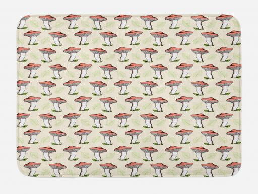 Mushroom Bath Mat Vintage Hand Drawn Style Forest Mushrooms