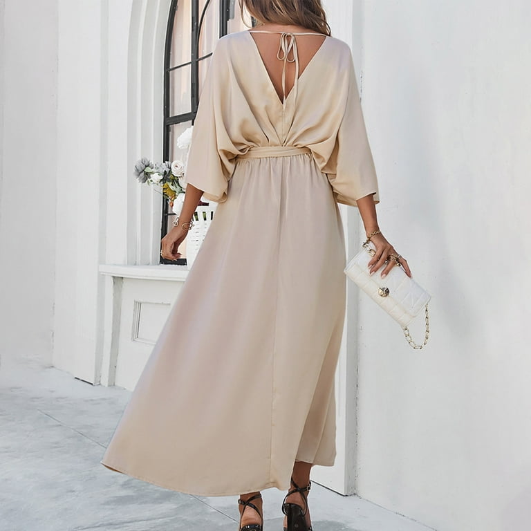 AKOEE Rayon Dress for Women Elegant Casual Party Gown with Belt V Neck Bat  Long Sleeve Splits Loose Maxi Dress (Small, Beige) - Walmart.com