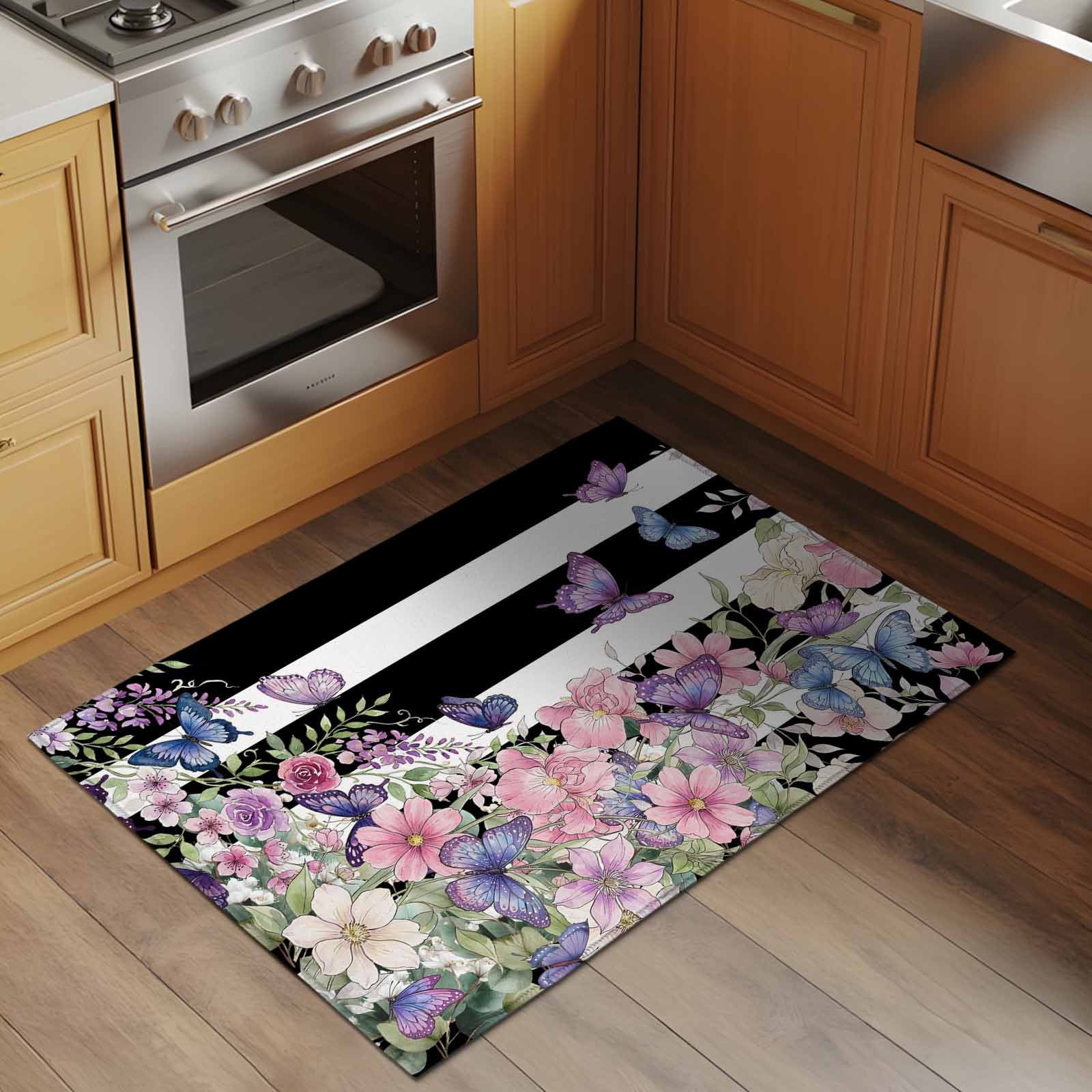 Pink Flowers Entryway Rug 2'x3'&nbsp; Non Slip Front Door Mats, Spring Floral Watercolor Botanical Farmhouse Striped Entrance Rugs Indoor Outdoor Carpet, Floor Mats Small Area Rug for Bedroom Kitchen