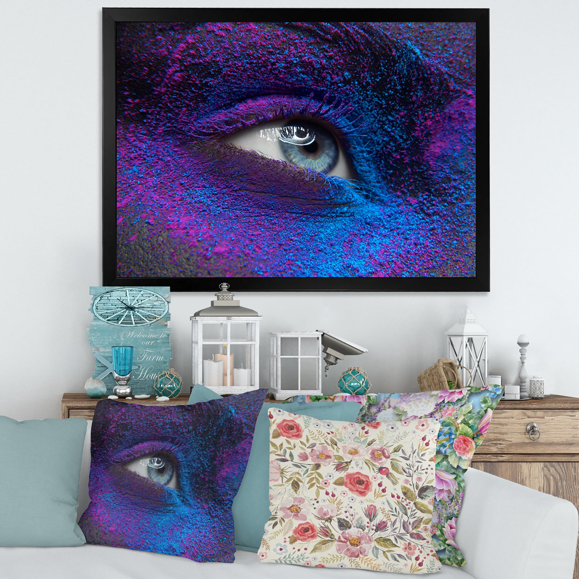Designart 'Woman Eye With Dry Paint Dust Pigment On Face' Modern Framed Art Print