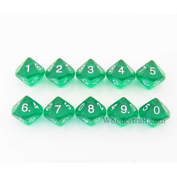 Green Transparent Dice with White Numbers D10 16mm (5/8in) Pack of 10 Koplow Games