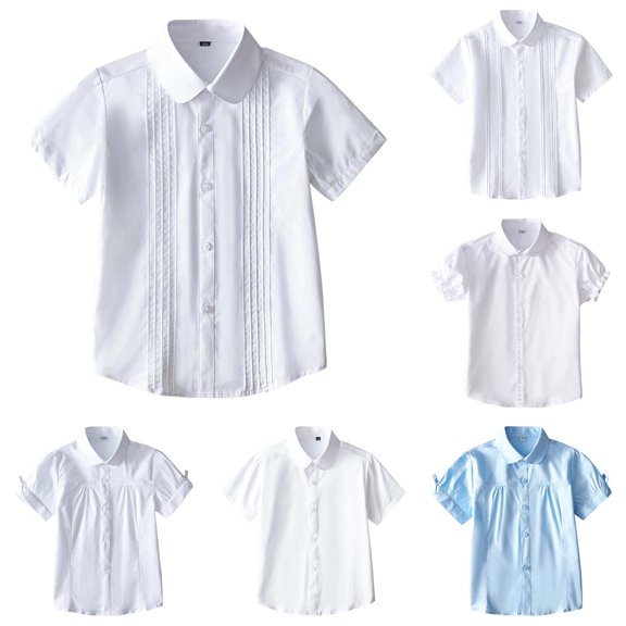 CUZIBR Baby Toddler Girls Dress Shirts Button Down Short Sleeve Pleated Turndown Collar Solid Color Blouse Summer School Uniform For Big Girl Casual Summer Lightweight Trendy Tops,White5,120