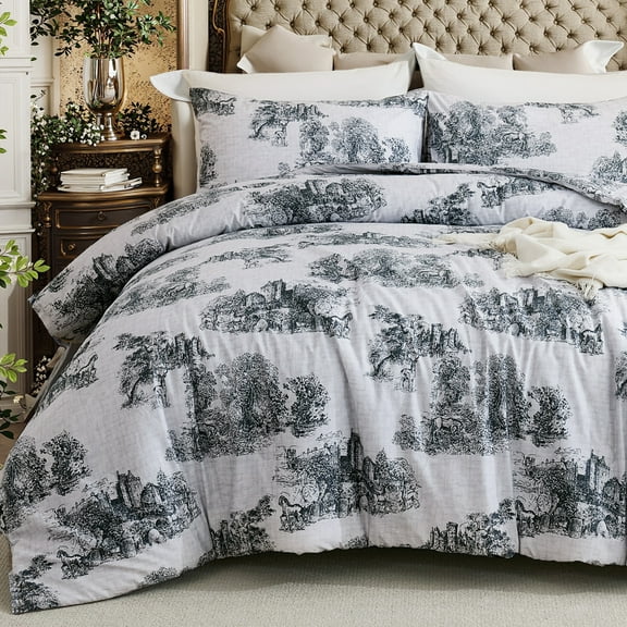 100% Cotton Comforter Set Gray Bedding Set Elegant Toile Print Comforter Extra Soft Cozy & Breathable French Country Bedding Comforter Set 3 Pcs