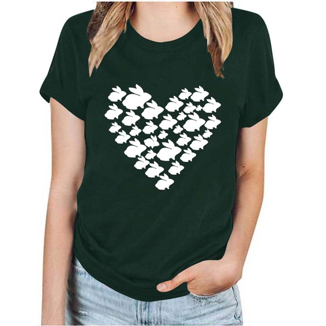 RKSTN Hauts pour Femmes Décontracté Été Ample Grande Taille Imprimé Graphique Lapin de Pâques Blouse Mode Col Rond Manches Courtes T-shirt