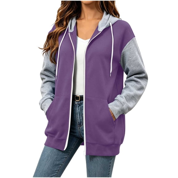 Perfectbot Women's Color Block Zip Up Hooded Jacket, Front Kangaroo Pockets Hooded Sweatshirt Coat
