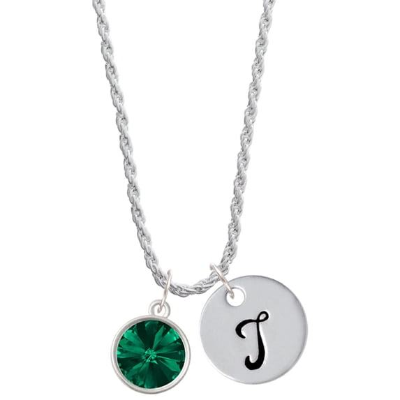Delight Jewelry 12mm Crystal Rivoli - Green Silvertone Script Initial Disc - T - Charm Necklace, 20"+3"
