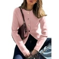 thumbnail image 3 of Women's Crewneck Long Sleeve Button Down Knit Cardigan Sweater Pink S, 3 of 7