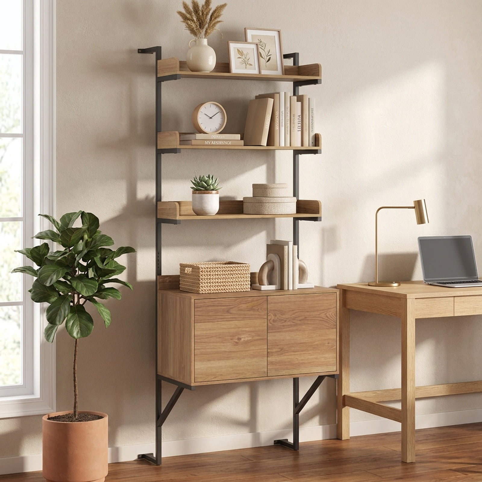 Furnibear Tall Ladder Shelf with Storage Cabinet Narrow Wall Mounted Ladder Bookcase for Living Room Home Office Bedroom Display Storage, Natural