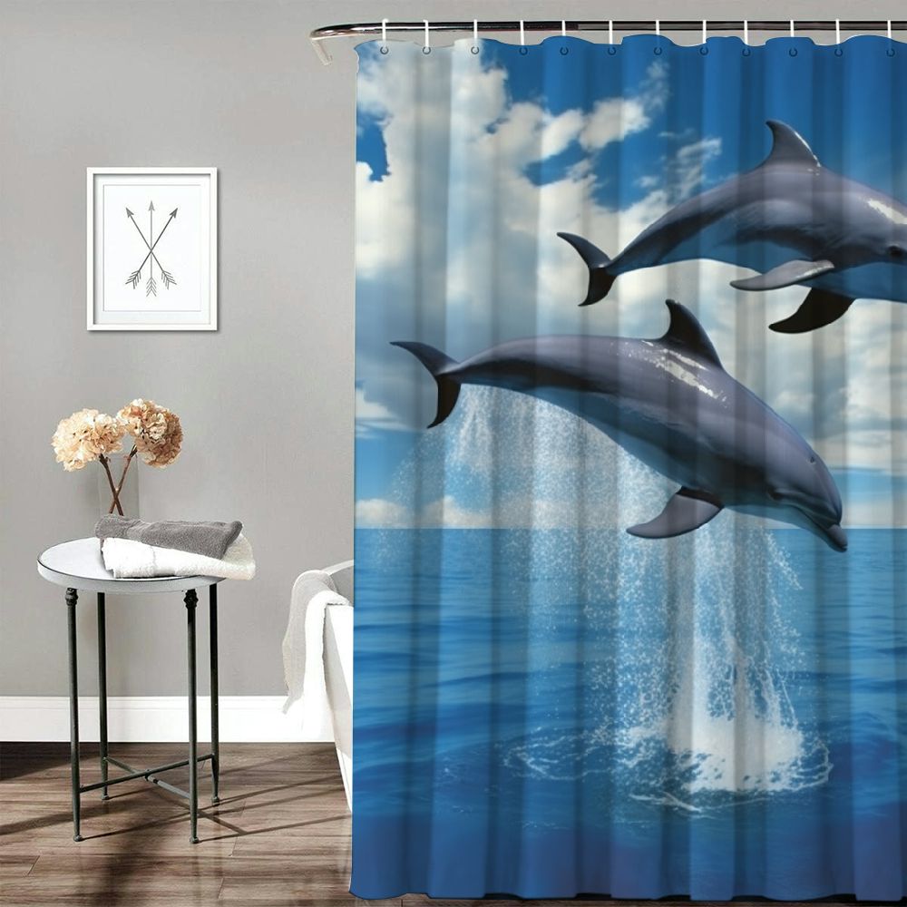 PRATYUS Dolphins Ocean Rayonism Printed Shower Curtain Decor 100% Polyester Chic Modern Bathroom Decor with Hooks Home Bathtubs Bathroom Curtain Decoration 69x72