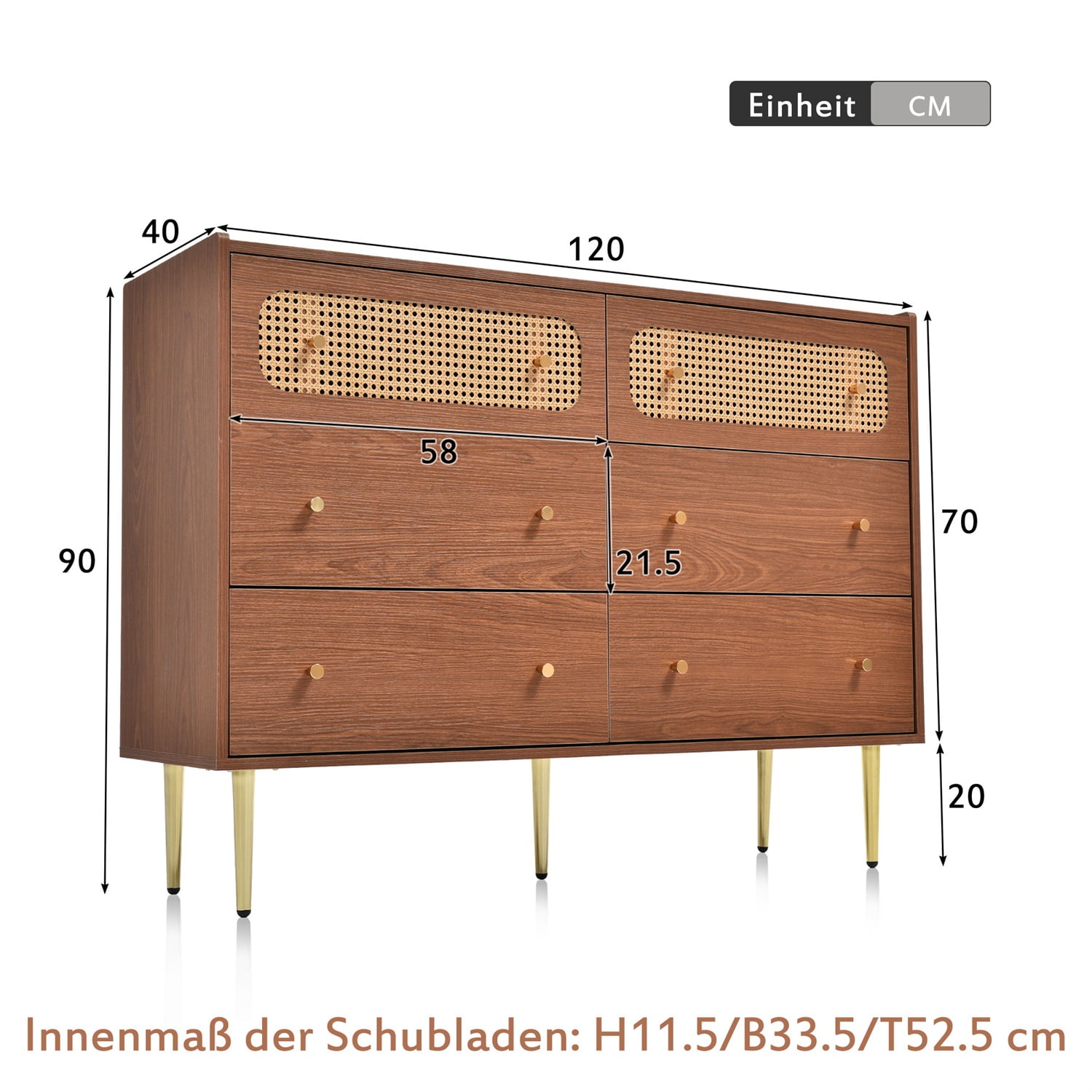 Kadyn 6 Drawer Dresser, Chest of Drawers with Metal legs, Rattan Nursery Dresser for Home Office, Natural Cherry Kadyn 6 Drawer Dresser, Chest of Drawers with Metal legs, Rattan Nursery Dresser for Home Office, Natural Cherry