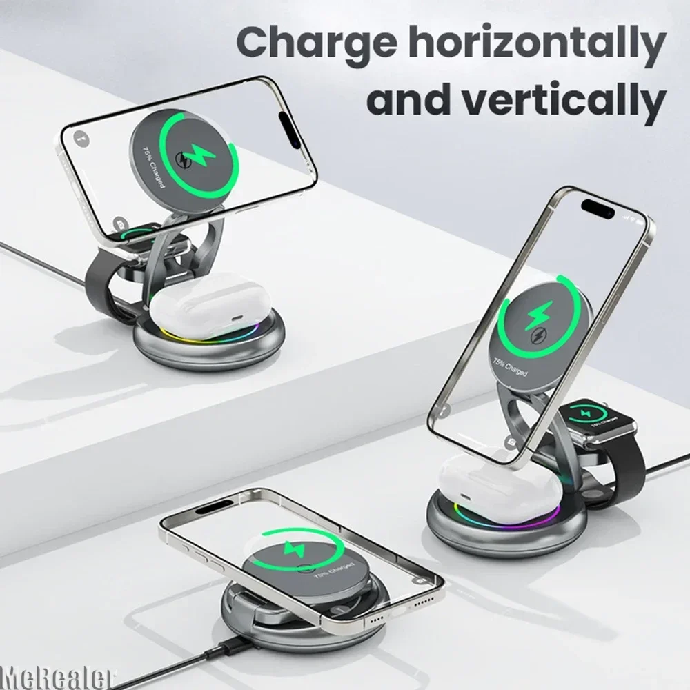 Rasdwt 3-in-1 Foldable Magnetic Wireless Charger Stand – 15W Fast Charge with Night Light & Includes 30W Adapter, Portable Charging Pad for iPhone, Apple Watch & AirPods 2/3, Home, Office, Travel