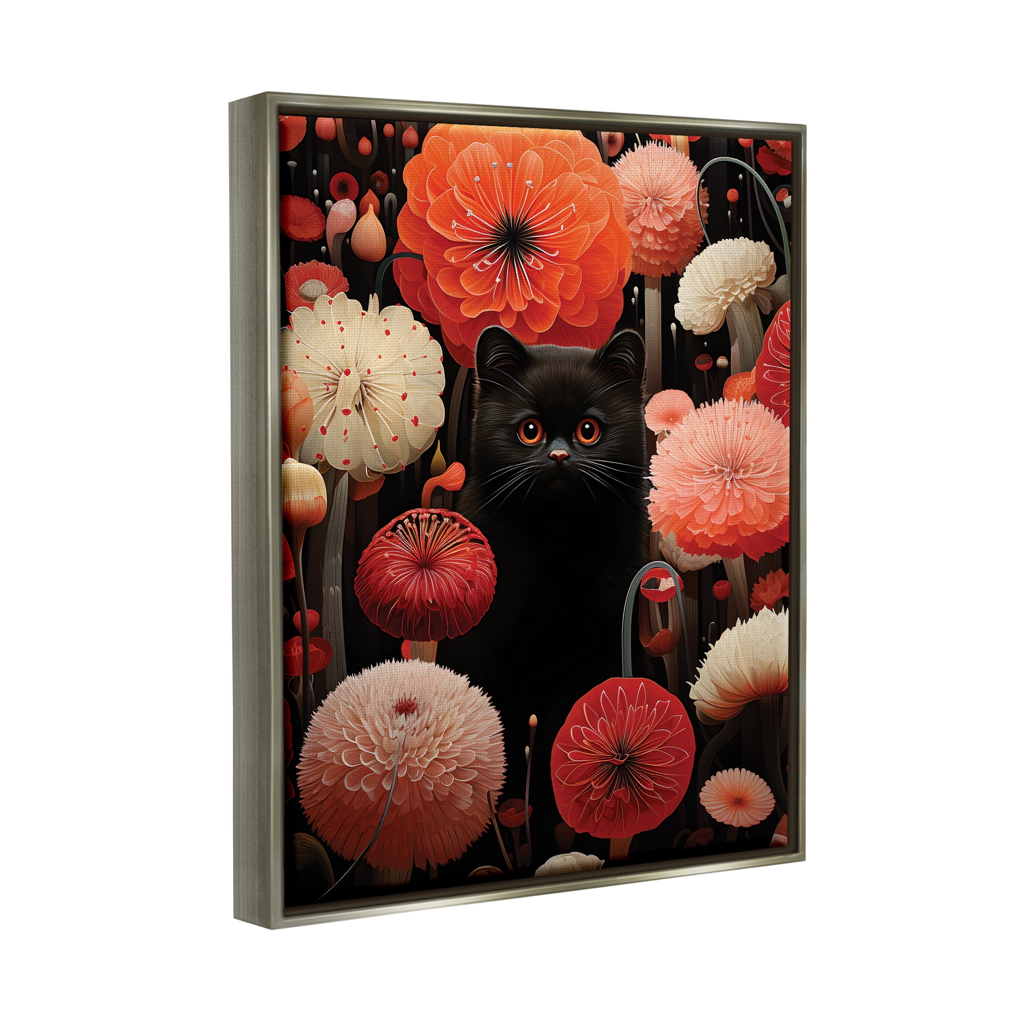 Stupell Industries Black Cat Among Dahlias Animals & Insects Painting Gray Floater Framed Canvas Art Print Wall Art, 25 x 31