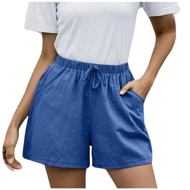 Timegard Cotton Linen Shorts for Women Elastic Waisted Drawstring Wide Leg Lounge Shorts with Pocket