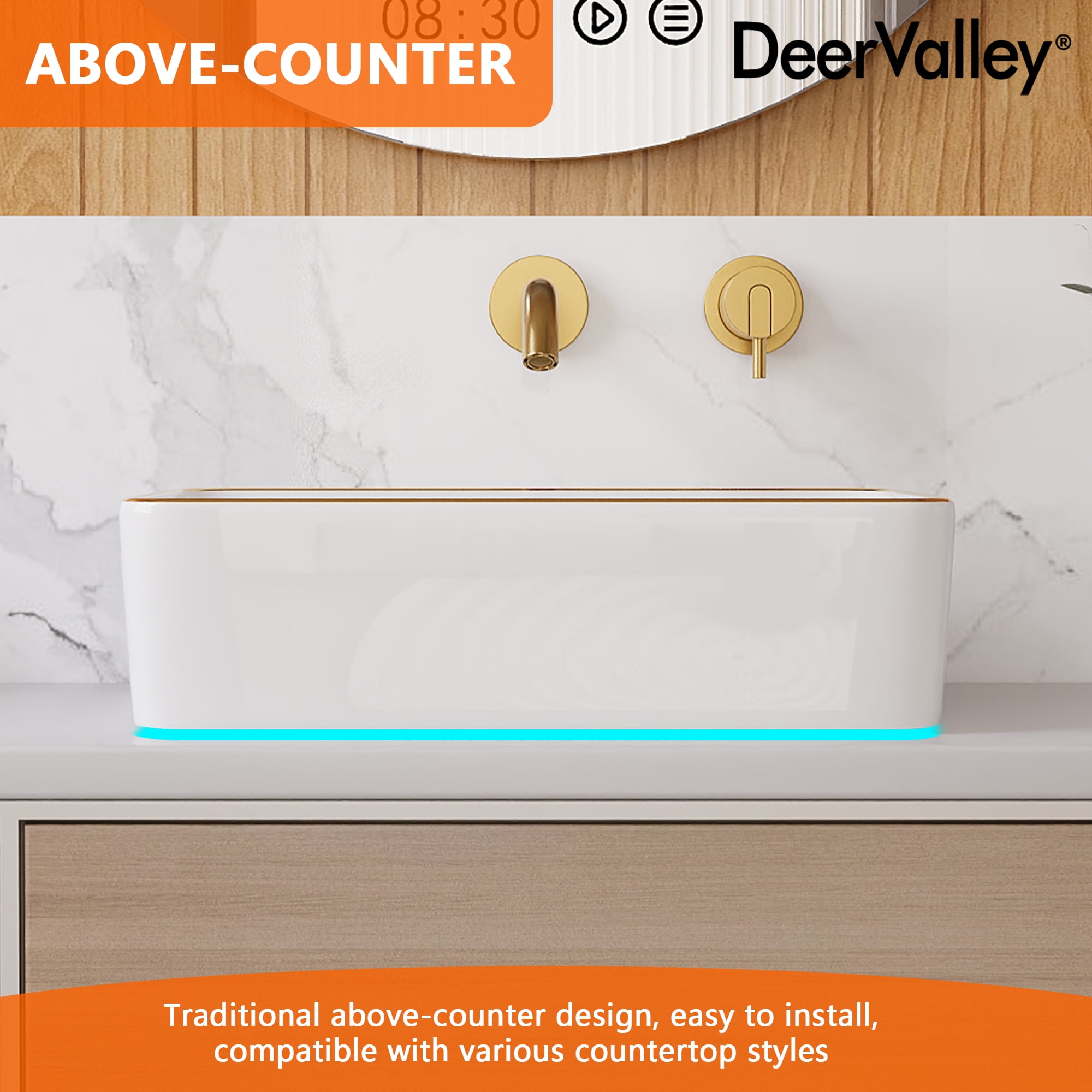 19 in. L x 15 in. W Rectangular White Bathroom Ceramic Vessel Sink with Gold Trim Above Counter, Faucet Not Included  DV-1V0365
