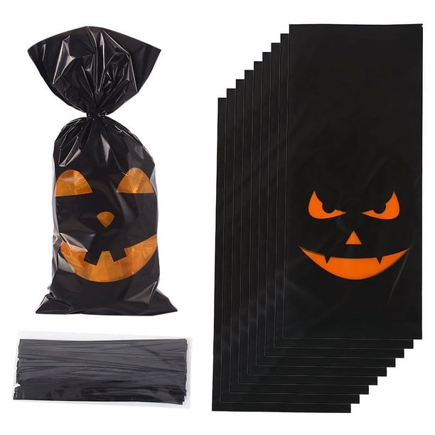 Xiao Hua Bolsas de dulces de Halloween, 150 unidades de celofán para Halloween, bolsas de regalo para galletas y bocadillos con cierre de lazo (negras)