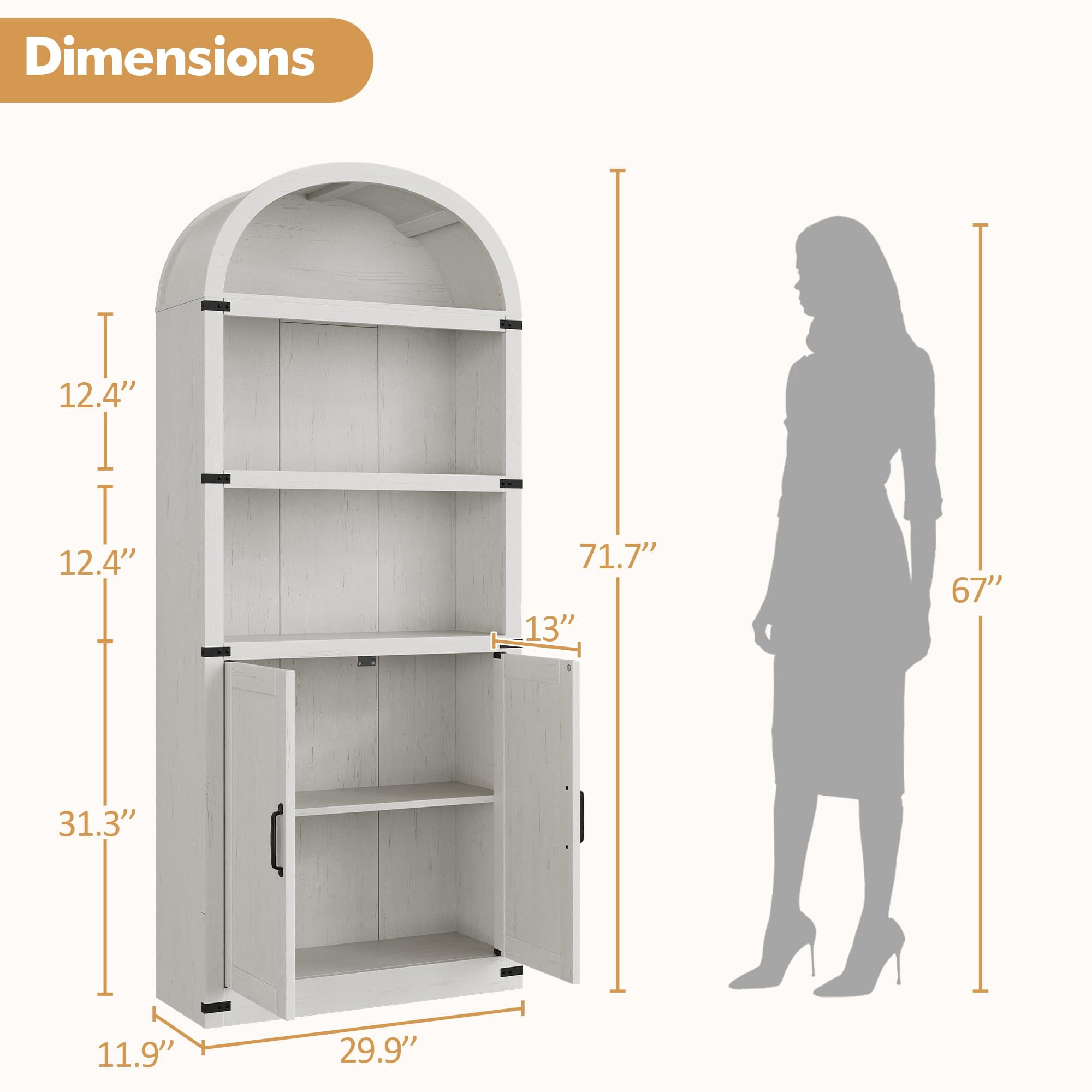 TROPOW Bookcase with Doors Arched Bookshelf 71.65in Tall Bookcase Farmhouse Cabinet with Shelves Wooden Bookshelves for Home Office, Living Room,White