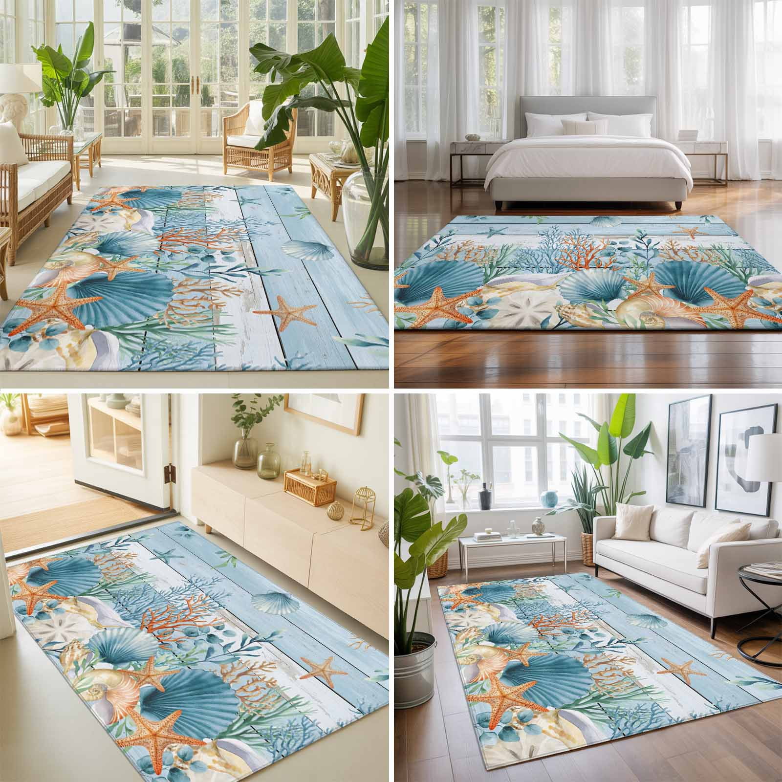 Area Rugs 3'x5', Blue Coastal Carpet Runner Indoor Outdoor Rugs Home Decor Aesthetic, Summer Beach Starfish Shell Coral Nautical Non Slip Mats Washable Accent Rug for Living Room Bedroom