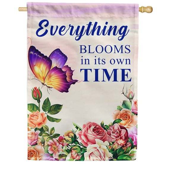 America Forever Everything Blooms in its Own Time House Flag 28 x 40 inches Spring Summer Inspirational Quote Rose Butterfly Floral Double Sided Seasonal Yard Outdoor Decorative Motivational Flag