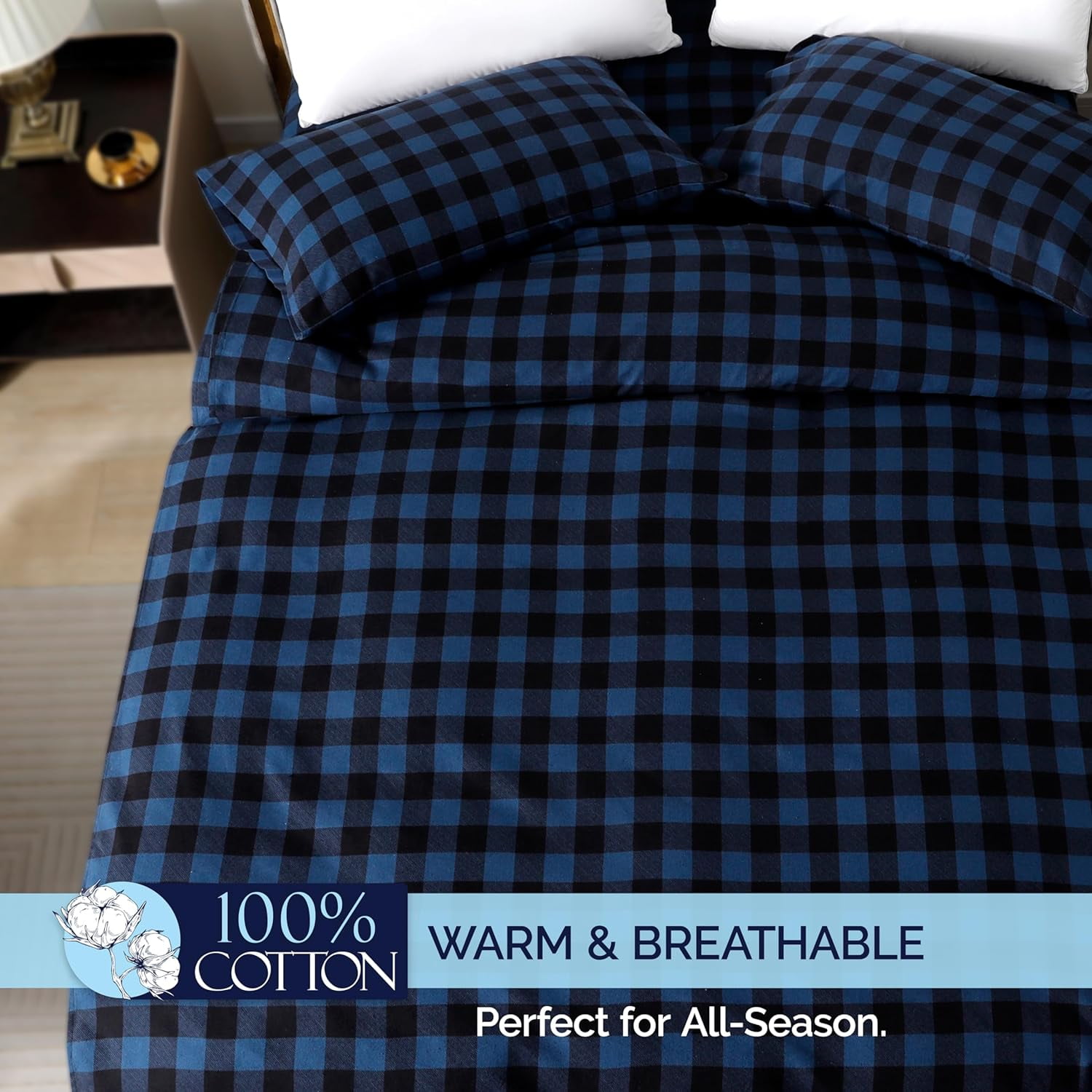 Elegant Comfort Soft 4-Piece Cotton Flannel Sheet Set -Deep Pocket Fitted Sheet, Flannel Sheets - King, Buffalo Check Blue