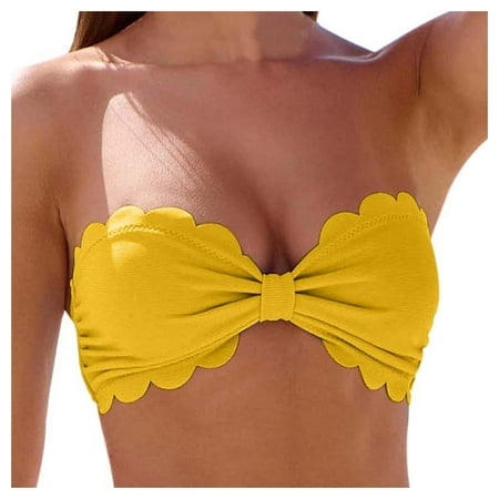 WERYOUNG Women Ruffle Trim Bandeau Bikini Swimwear With Removable Straps 2PCS Bathing Suit Summer Tropical Brazilian Vacation Beachwear Comfort Yellow M