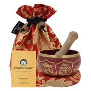 DharmaObjects ~ Tibetan OM MANI Singing Bowl Set ~ With Mallet, Brocade Cushion & Carry Bag ~ For Meditation, Chakra Healing, Prayer, Yoga (Eight Lucky Symbol, Red)