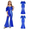 thumbnail image 5 of Raenseen Girls Sparkly Sequins Tassel Pageant Dance Party Jumpsuit Spaghetti Strap High Waist Flared Pants Romper Royal Blue 12, 5 of 7