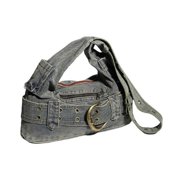 Vintage Washed Denims Shoulder Handbag with Multiple Pockets for Women Large Capacity Eyelets Buckled Crossbody Bag