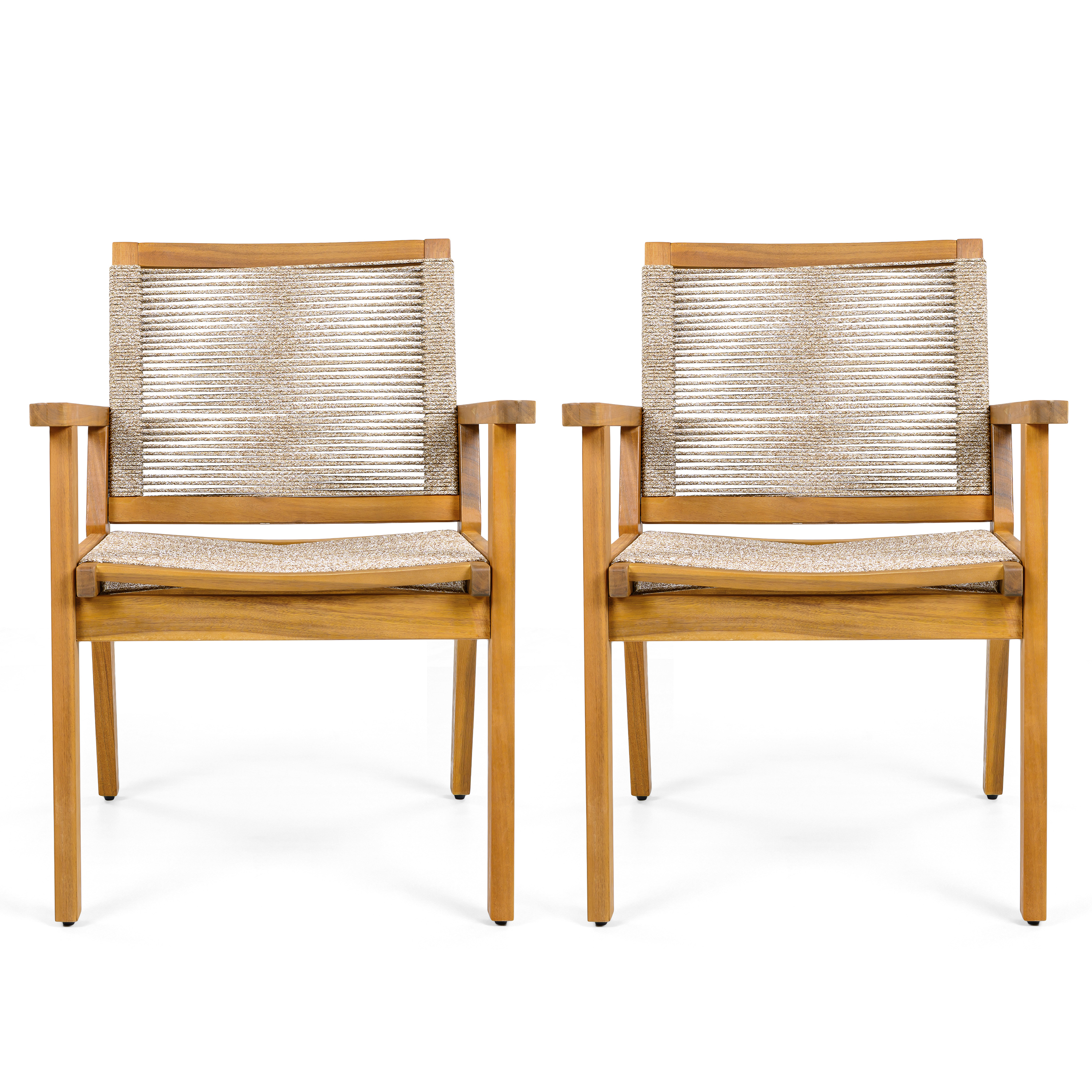 Outdoor Dining Chairs Set of 2, Teak Finish Wood Frame and Mix Brown Rope Natural Courtyard Style, Teak