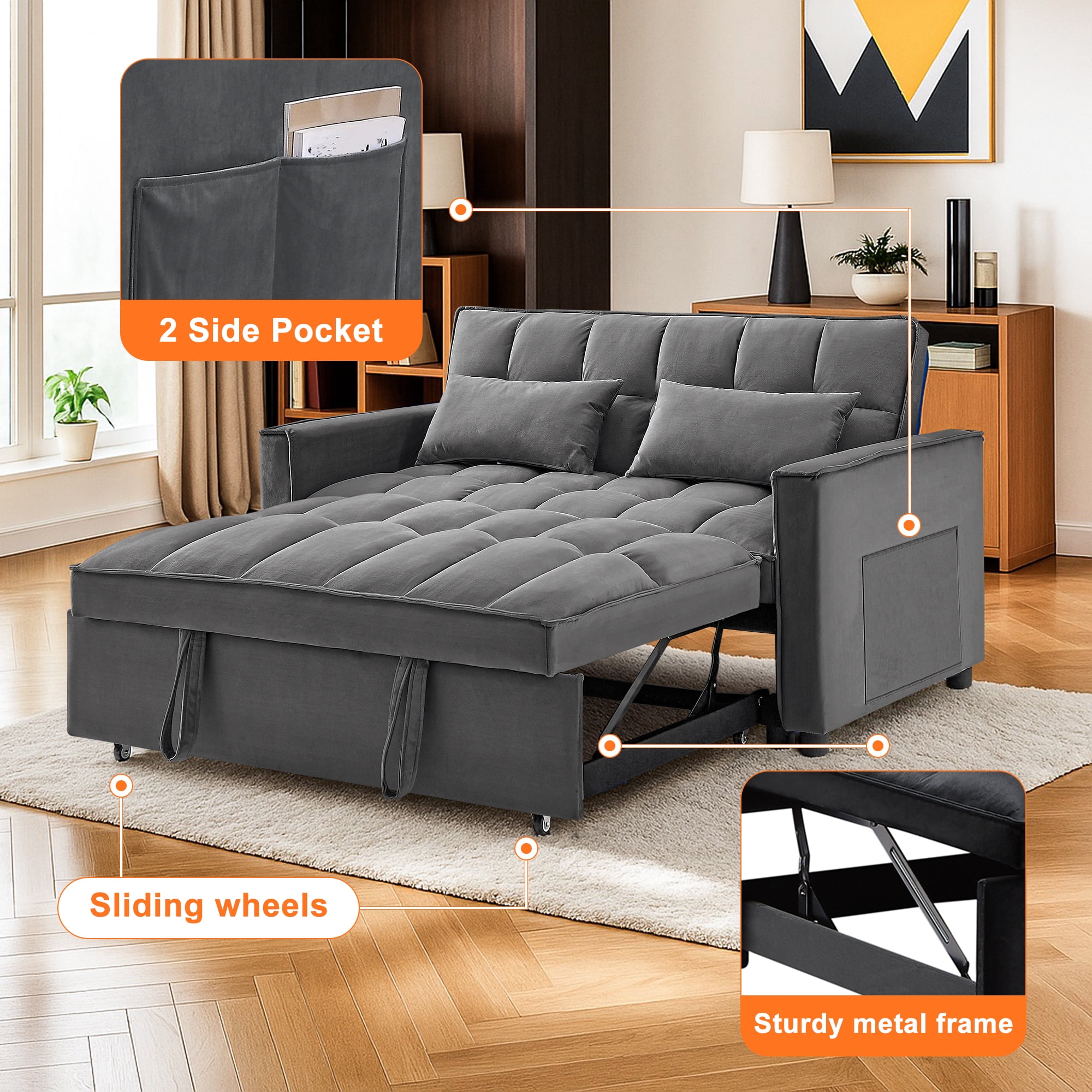 Demi Bonn 3 in 1 Convertible Sleeper Sofa Bed with Side Pocket, Adjustable Backrest Velvet Futon Couches for Living Room, Pull Out Couch, Loveseat, Dark Gray